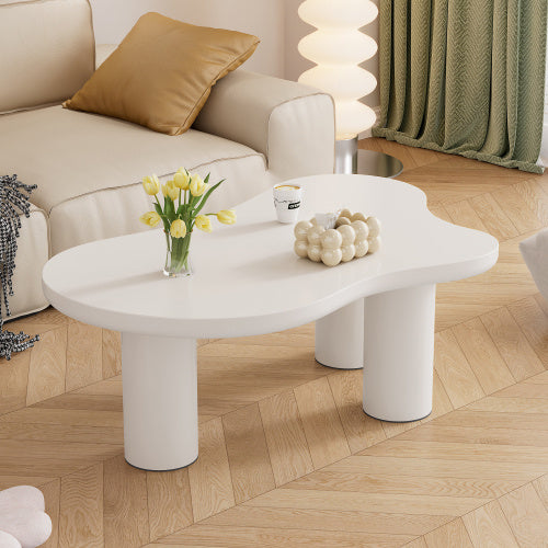 Irregular White Painted Coffee Table, Cloud Shaped Coffee Table Tea Table End Table, Modern Coffee Table With 3 Legs, For Living Room Furniture, 107x66x40.5 Cm