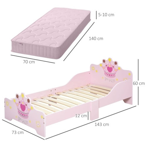 HOMCOM Kids Toddler Bed Princess Crown Theme Safety Side Rails Slats Home Bedroom Furniture Boys Girls 3-6 Yrs143 X 73 X 60 Cm