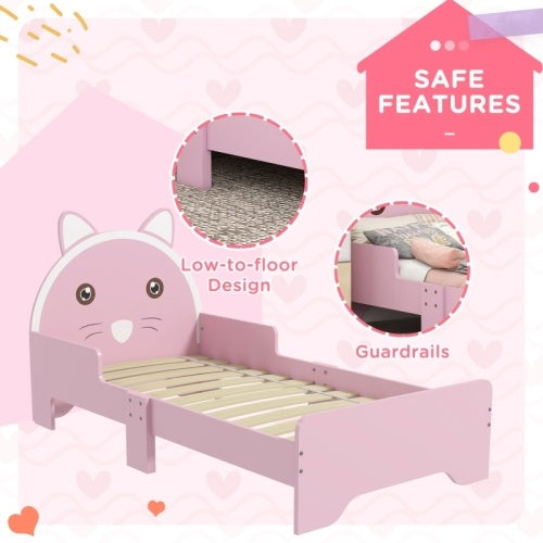 ZONEKIZ Bed For Kids Cat Design Toddler Bed Frame Bedroom Furniture With Guardrails, For 3-6 Years, 143L X 74W X 72Hcm - Pink